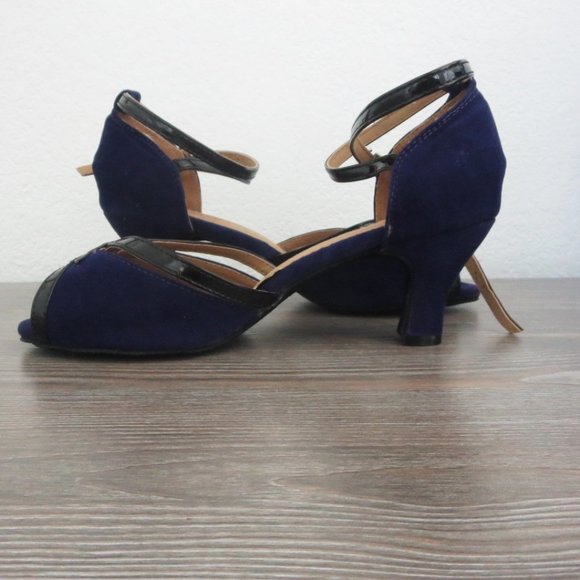 Dark Blue Suede Soft Sole Dance Shoes Open Toe Closed Heel Dark Blue 39 / 8. - Picture 4 of 11